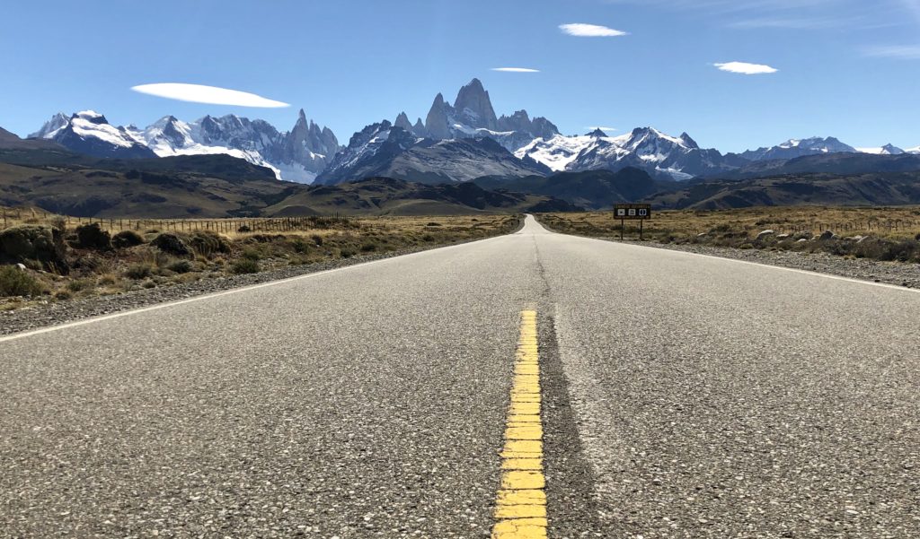 Patagonia mountain with pavement in foreground
